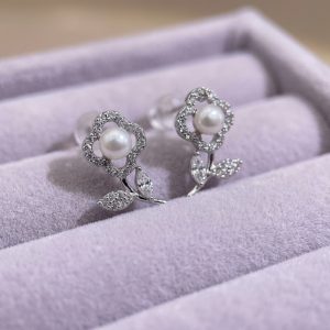 珍珠玫瑰耳飾-銀
