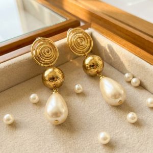 螺旋圓珠垂墜珍珠耳飾