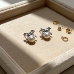 蝴蝶結珍珠 銀耳飾