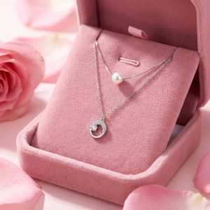 雙鍊珍珠鑲鑽鋯石月牙項鍊