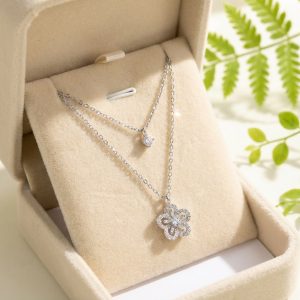 雙鍊鋯石鑲鑽梅花項鍊