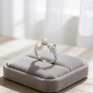 蝶型鋯石雙珍珠開口戒#7