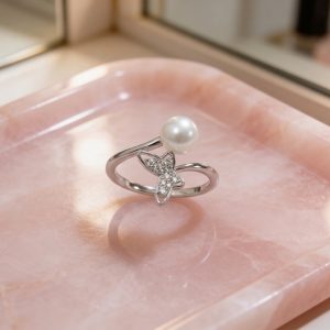 蝶型鋯石珍珠開口戒#7